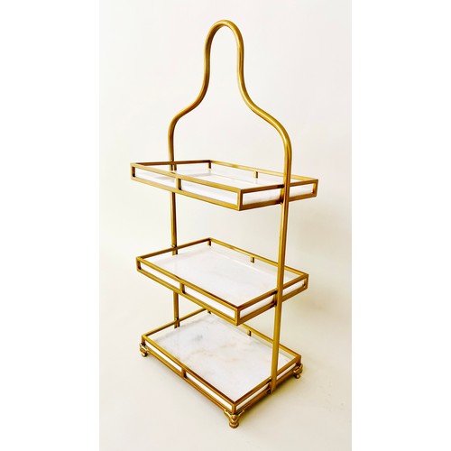 382 - TABLE ETAGERE, three tier, gilt metal and marble, 85cm x 41cm x 25cm.