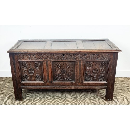 526 - LATE 17TH CENTURY OAK JOINED COFFER, panelled top, front and sides with carved frieze and symmetrica... 