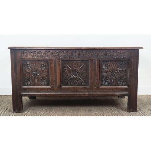 526 - LATE 17TH CENTURY OAK JOINED COFFER, panelled top, front and sides with carved frieze and symmetrica... 