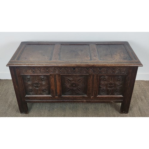 526 - LATE 17TH CENTURY OAK JOINED COFFER, panelled top, front and sides with carved frieze and symmetrica... 