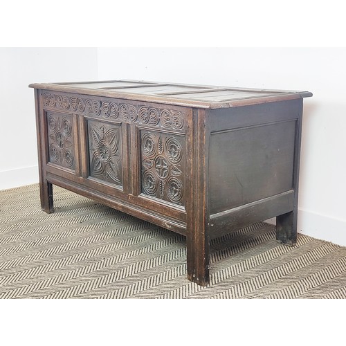 526 - LATE 17TH CENTURY OAK JOINED COFFER, panelled top, front and sides with carved frieze and symmetrica... 