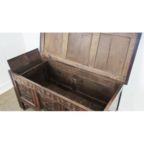 526 - LATE 17TH CENTURY OAK JOINED COFFER, panelled top, front and sides with carved frieze and symmetrica... 