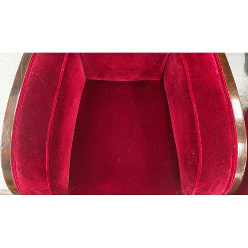 286 - ARMCHAIRS, a pair, Art Deco, in claret plush upholstery with later screw in bun feet, each 86cm W x ... 