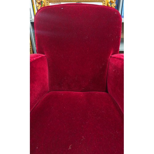 286 - ARMCHAIRS, a pair, Art Deco, in claret plush upholstery with later screw in bun feet, each 86cm W x ... 