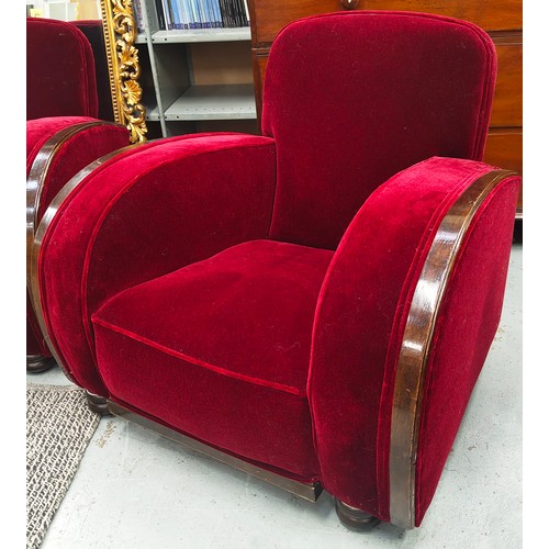 286 - ARMCHAIRS, a pair, Art Deco, in claret plush upholstery with later screw in bun feet, each 86cm W x ... 