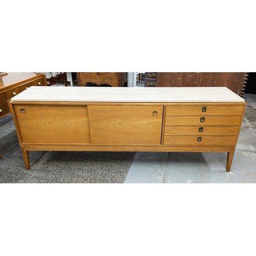 498 - SIDEBOARD, mid 20th century teak with associated travertine top above four drawers and two sliding d... 