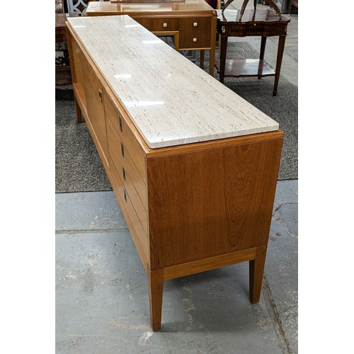 498 - SIDEBOARD, mid 20th century teak with associated travertine top above four drawers and two sliding d... 