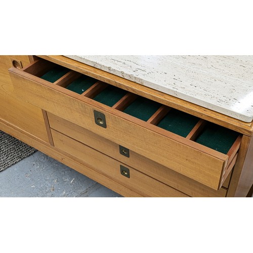 498 - SIDEBOARD, mid 20th century teak with associated travertine top above four drawers and two sliding d... 