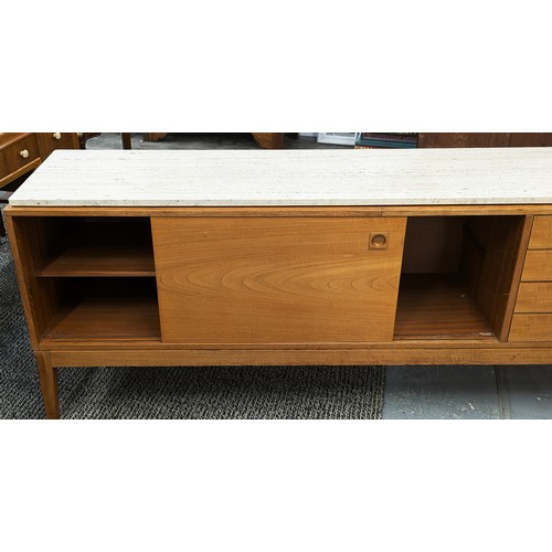 498 - SIDEBOARD, mid 20th century teak with associated travertine top above four drawers and two sliding d... 