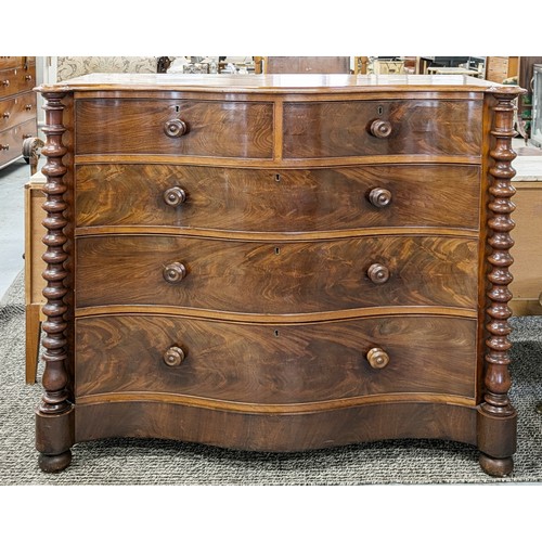 497 - SERPENTINE CHEST, Victorian mahogany, circa 1860, with five drawers between turned columns, 118cm H ... 