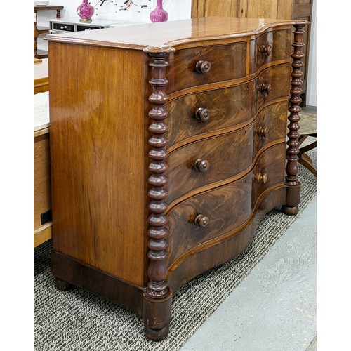 497 - SERPENTINE CHEST, Victorian mahogany, circa 1860, with five drawers between turned columns, 118cm H ... 