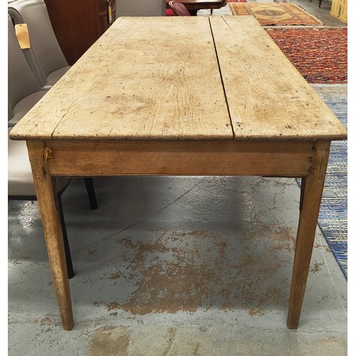 396 - 19TH CENTURY PINE KITCHEN TABLE, plank top, raised on square tapered legs, 75cm H x 200cm L x 90cm W... 