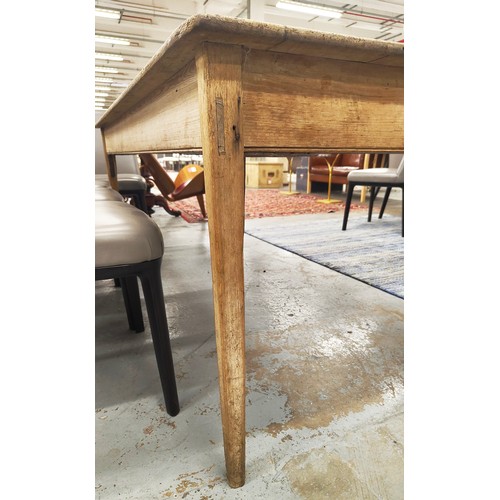 396 - 19TH CENTURY PINE KITCHEN TABLE, plank top, raised on square tapered legs, 75cm H x 200cm L x 90cm W... 