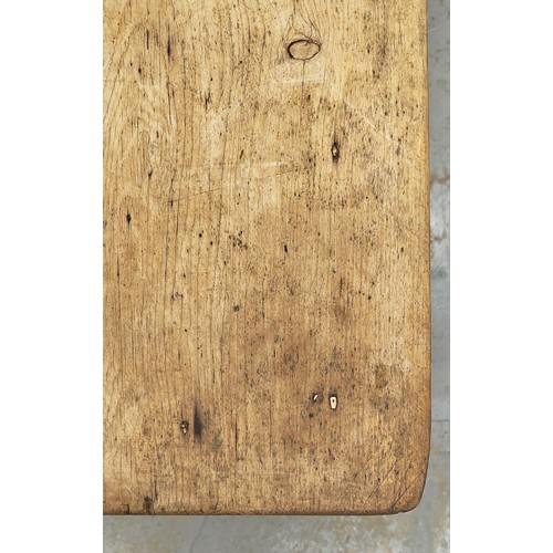 396 - 19TH CENTURY PINE KITCHEN TABLE, plank top, raised on square tapered legs, 75cm H x 200cm L x 90cm W... 