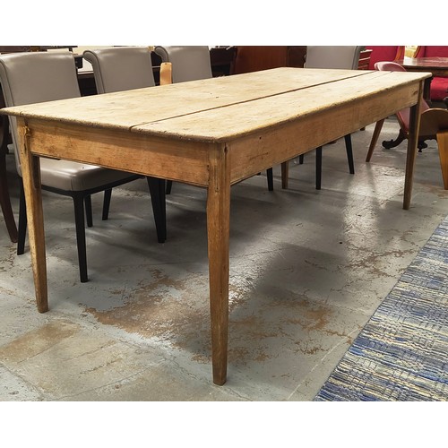 396 - 19TH CENTURY PINE KITCHEN TABLE, plank top, raised on square tapered legs, 75cm H x 200cm L x 90cm W... 