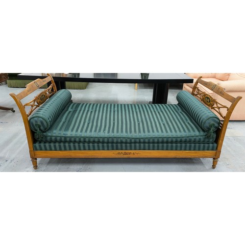 365 - DAYBED, early 20th century painted, with striped green upholstery and bolster cushions, 87cm H x 102... 