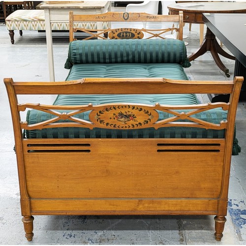 365 - DAYBED, early 20th century painted, with striped green upholstery and bolster cushions, 87cm H x 102... 