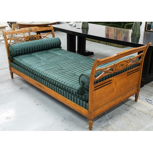 365 - DAYBED, early 20th century painted, with striped green upholstery and bolster cushions, 87cm H x 102... 