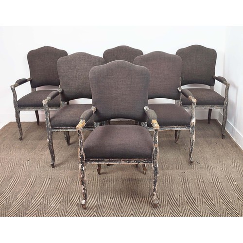 518 - DINING CHAIRS, a set of six, carvers with distressed painted frames, each 57cm W. (6)