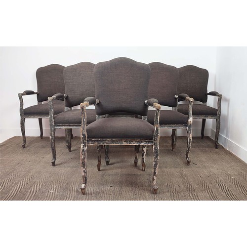 518 - DINING CHAIRS, a set of six, carvers with distressed painted frames, each 57cm W. (6)