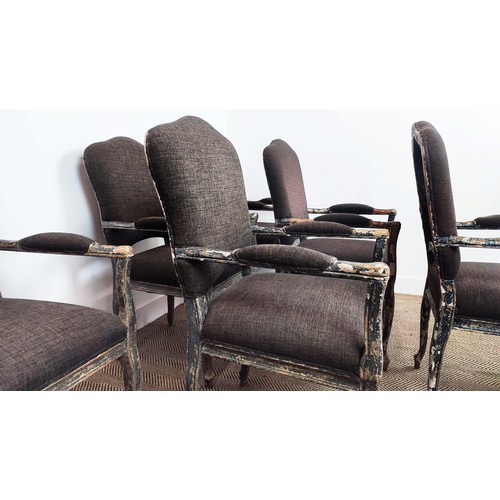 518 - DINING CHAIRS, a set of six, carvers with distressed painted frames, each 57cm W. (6)