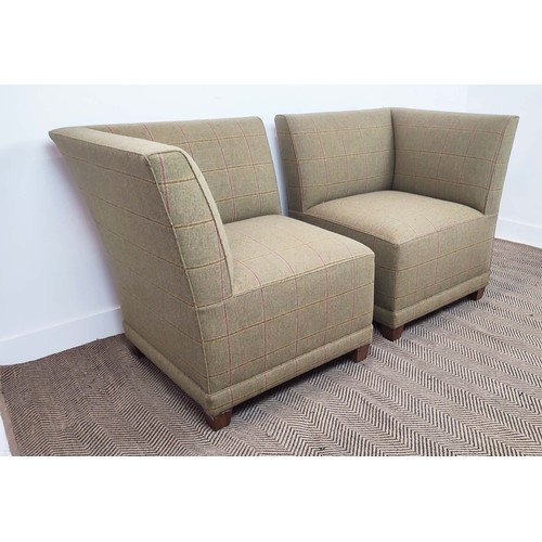 519 - CORNER CHAIRS, a pair, in a checked tweed style fabric, each 75cm x 75cm x 87cm H. (2)