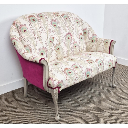 190 - SOFA, grey painted with peacock feather patterned material and magenta velvet, 101cm H x 127cm.