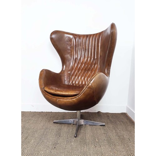 281 - EGG CHAIR AFTER ARNE JACOBSEN, brown leather with swivel seat on chrome and aluminium base, 116cm H ... 