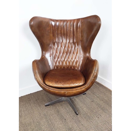 281 - EGG CHAIR AFTER ARNE JACOBSEN, brown leather with swivel seat on chrome and aluminium base, 116cm H ... 