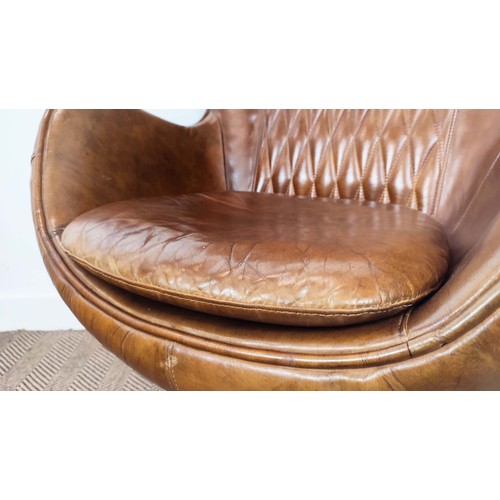 281 - EGG CHAIR AFTER ARNE JACOBSEN, brown leather with swivel seat on chrome and aluminium base, 116cm H ... 