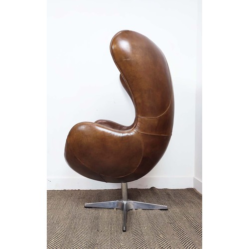 281 - EGG CHAIR AFTER ARNE JACOBSEN, brown leather with swivel seat on chrome and aluminium base, 116cm H ... 