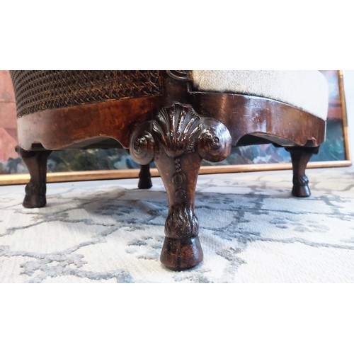 283 - BERGERES, a pair, Georgian revival burr walnut and double caned with taupe fabric seat cushions, 82c... 