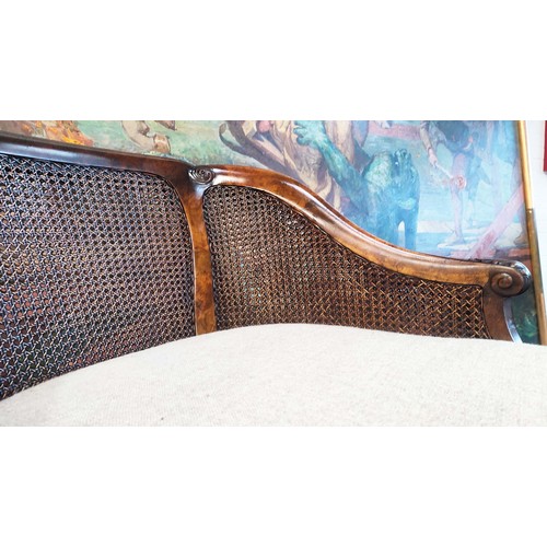 283 - BERGERES, a pair, Georgian revival burr walnut and double caned with taupe fabric seat cushions, 82c... 