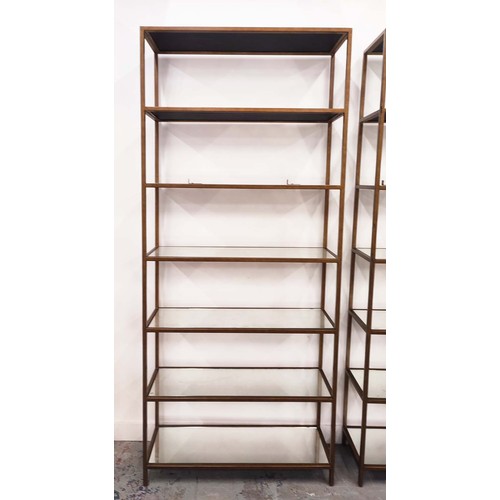 392 - JULIAN CHICHESTER TALL SHELVING UNITS, with metal frames and eglomise mirrored shelves, 33cm D x 99c... 