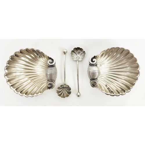 5 - SILVER SALTS, a boxed scallop shell pair by George Knight, Birmingham; a silver scallop dish and a s... 