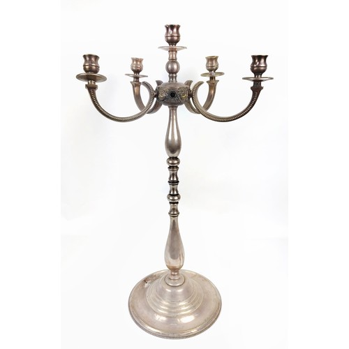 25 - A SET OF THREE SILVER PLATED FIVE BRANCH CANDELABRA, plus a further four branch candelabra, 69cm H. ... 