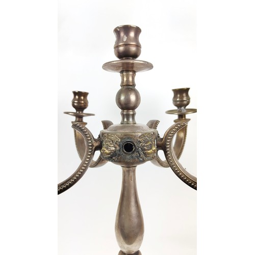 25 - A SET OF THREE SILVER PLATED FIVE BRANCH CANDELABRA, plus a further four branch candelabra, 69cm H. ... 