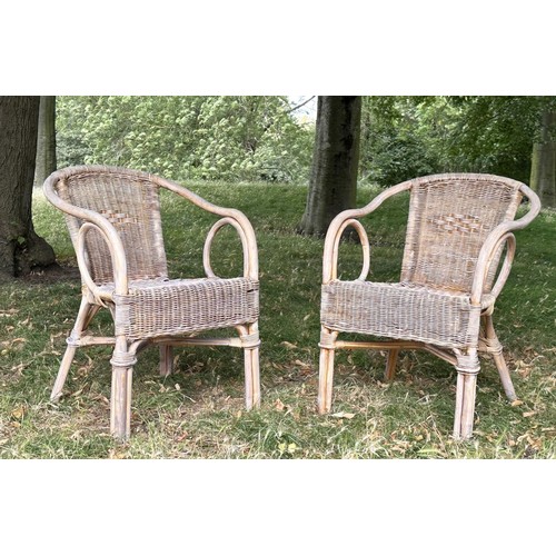 522 - CONSERVATORY ARMCHAIRS, a pair, 1930s rattan bamboo framed and cane bound, 57cm W. (2)