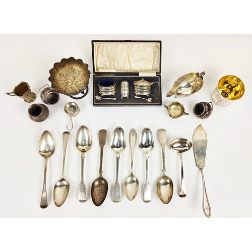 24 - A COLLECTION OF EIGHT GEORGE III AND LATER SILVER TABLE SPOONS, a label and a cake slice, various as... 