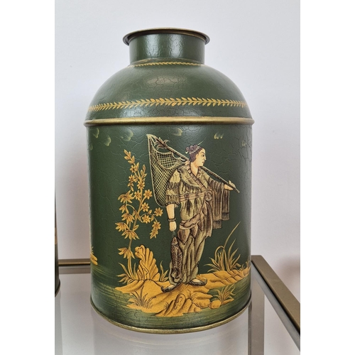 350 - TEA CANISTERS, a pair, Regency style, green and gold finish, 37cm H. (2)