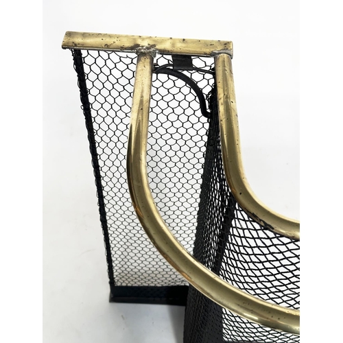 210 - NURSERY FENDER, Victorian wrought iron, mesh and brass bound with additional brass rail and of stepp... 