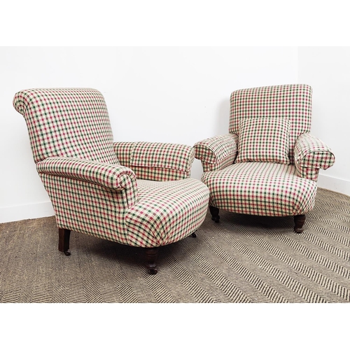 222 - HOWARD STYLE ARMCHAIRS, a pair, late Victorian beechwood with check upholstery, 93cm H x 95cm W x 98... 