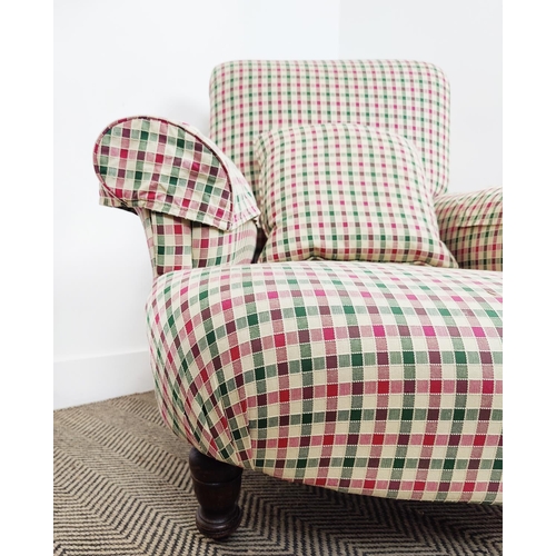 222 - HOWARD STYLE ARMCHAIRS, a pair, late Victorian beechwood with check upholstery, 93cm H x 95cm W x 98... 