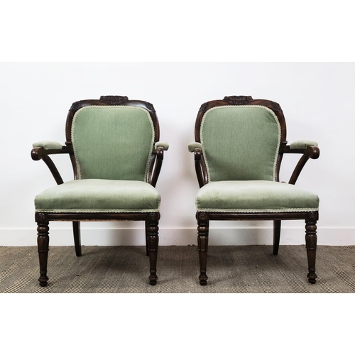 224 - ARMCHAIRS, a pair, George IV simulated rosewood in green velvet, 97cm H x 66cm W 55cm D. (2)