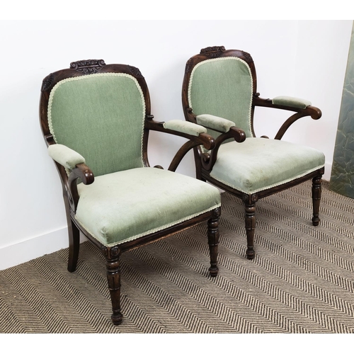 224 - ARMCHAIRS, a pair, George IV simulated rosewood in green velvet, 97cm H x 66cm W 55cm D. (2)