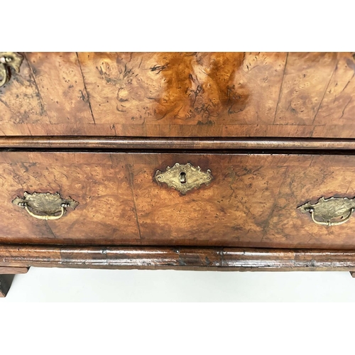 212 - CHEST, early 18th century English Queen Anne figured walnut and crossbanded with two short above thr... 