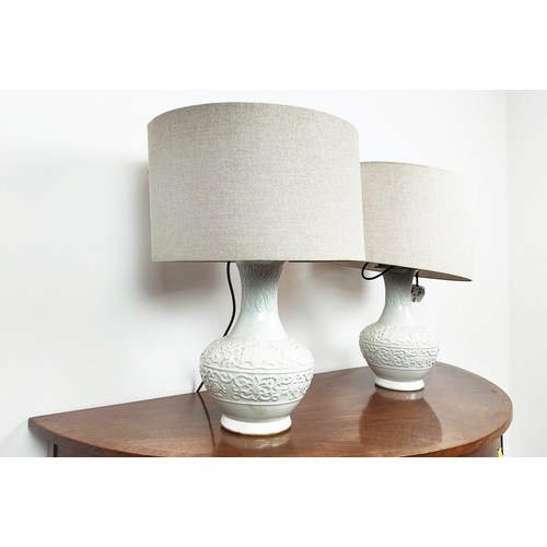 237 - TABLE LAMPS, a pair, celadon with shades, each overall including shades 57cm H. (2)