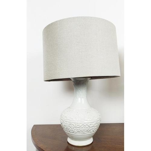 237 - TABLE LAMPS, a pair, celadon with shades, each overall including shades 57cm H. (2)