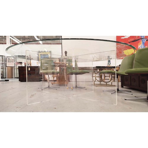 404 - DINING TABLE, large circular bevelled glass top on lucite base, 75cm H x 199cm W.