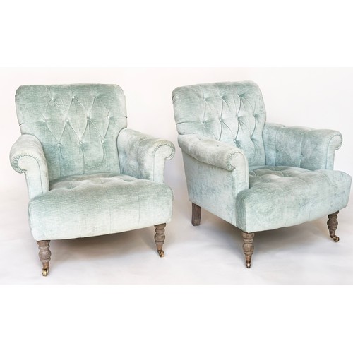 292 - HOWARD STYLE ARMCHAIRS, a pair, with duck egg blue velvet buttoned upholstery, with scroll arms and ... 